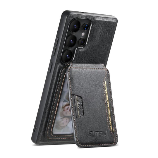 For Samsung Galaxy S23 Ultra 5G Suteni M3 Card Bag MagSafe Cowhide Texture Leather Phone Case(Black)