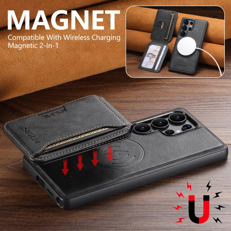 For Samsung Galaxy S22 Ultra 5G Suteni M3 Card Bag MagSafe Cowhide Texture Leather Phone Case(Black) - Galaxy S22 Ultra 5G Cases by Suteni | Online Shopping UK | buy2fix