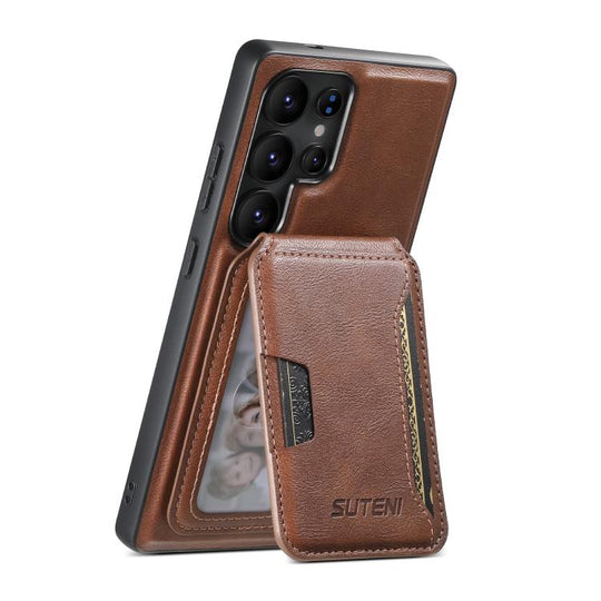 For Samsung Galaxy S22 Ultra 5G Suteni M3 Card Bag MagSafe Cowhide Texture Leather Phone Case(Brown)