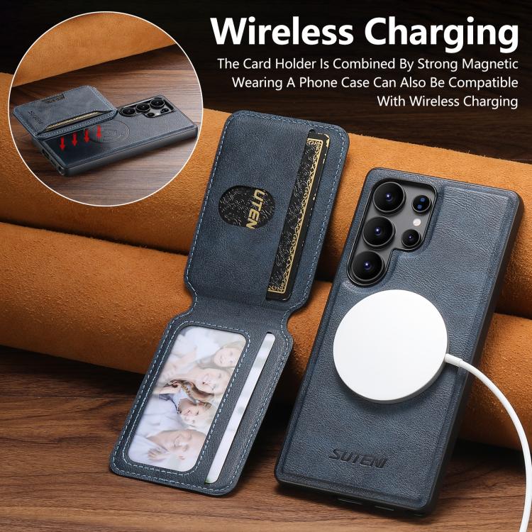 For Samsung Galaxy S22 Ultra 5G Suteni M3 Card Bag MagSafe Cowhide Texture Leather Phone Case(Blue) - Galaxy S22 Ultra 5G Cases by Suteni | Online Shopping UK | buy2fix