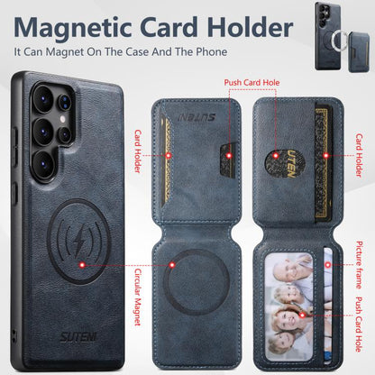 For Samsung Galaxy S22 Ultra 5G Suteni M3 Card Bag MagSafe Cowhide Texture Leather Phone Case(Blue) - Galaxy S22 Ultra 5G Cases by Suteni | Online Shopping UK | buy2fix