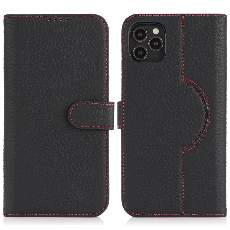 For iPhone 12 / 12 Pro Genuine Leather Card Wallet MagSafe Phone Case(Litchi Black) - iPhone 12 / 12 Pro Cases by buy2fix | Online Shopping UK | buy2fix