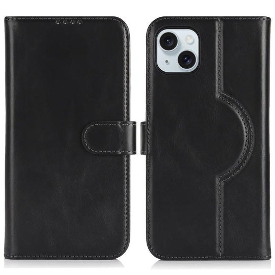 For iPhone 15 Genuine Leather Card Wallet MagSafe Phone Case(Black)