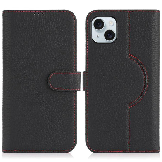 For iPhone 15 Genuine Leather Card Wallet MagSafe Phone Case(Litchi Black) - iPhone 15 Cases by buy2fix | Online Shopping UK | buy2fix