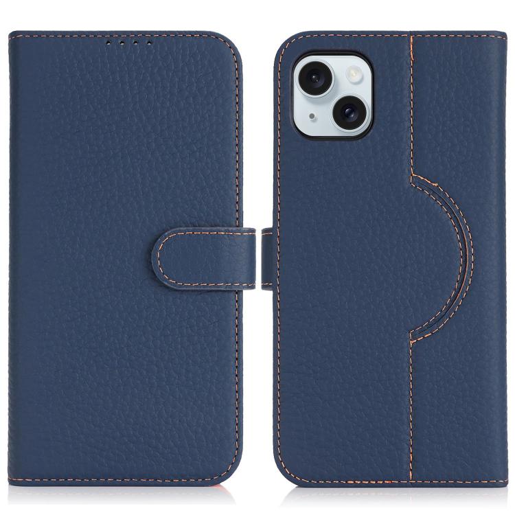 For iPhone 15 Genuine Leather Card Wallet MagSafe Phone Case(Litchi Dark Blue) - iPhone 15 Cases by buy2fix | Online Shopping UK | buy2fix