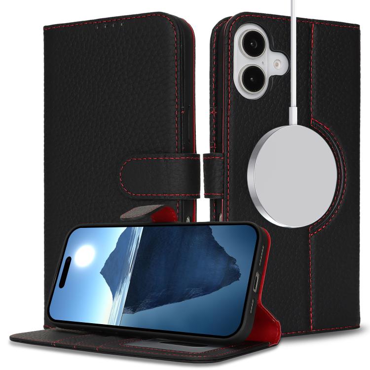 For iPhone 15 Pro Genuine Leather Card Wallet MagSafe Phone Case(Litchi Black) - iPhone 15 Pro Cases by buy2fix | Online Shopping UK | buy2fix