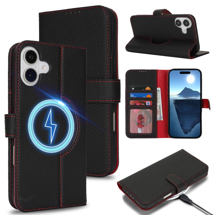 For iPhone 15 Pro Genuine Leather Card Wallet MagSafe Phone Case(Litchi Black) - iPhone 15 Pro Cases by buy2fix | Online Shopping UK | buy2fix
