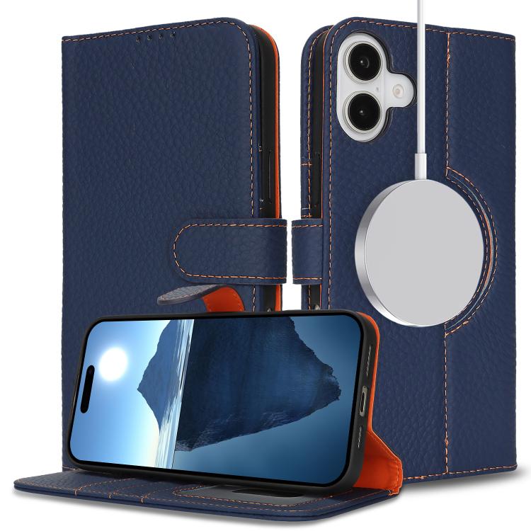 For iPhone 15 Pro Genuine Leather Card Wallet MagSafe Phone Case(Litchi Dark Blue) - iPhone 15 Pro Cases by buy2fix | Online Shopping UK | buy2fix