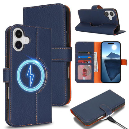 For iPhone 15 Pro Genuine Leather Card Wallet MagSafe Phone Case(Litchi Dark Blue) - iPhone 15 Pro Cases by buy2fix | Online Shopping UK | buy2fix