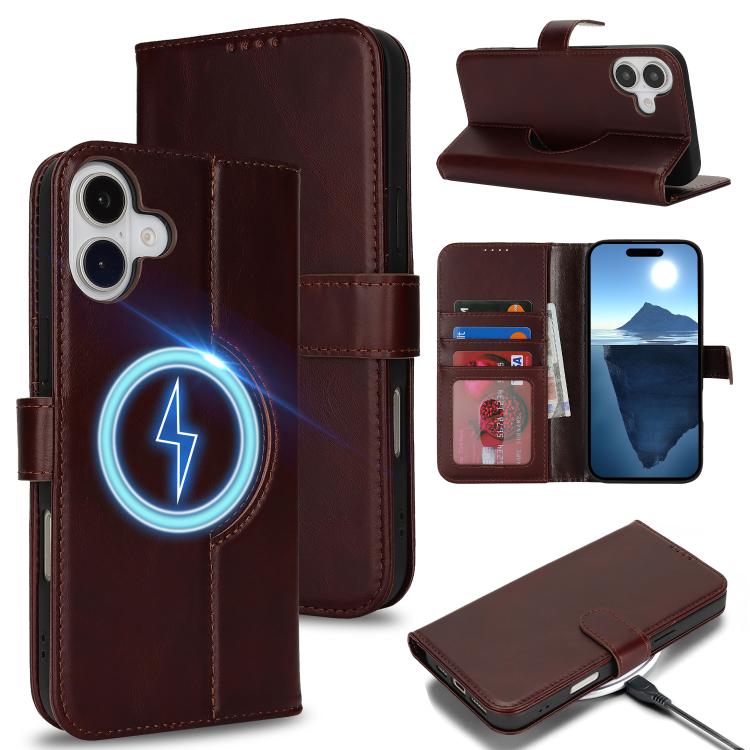 For iPhone 16 Plus Genuine Leather Card Wallet MagSafe Phone Case(Dark Brown) - iPhone 16 Plus Cases by buy2fix | Online Shopping UK | buy2fix