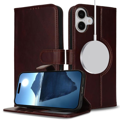 For iPhone 16 Plus Genuine Leather Card Wallet MagSafe Phone Case(Dark Brown) - iPhone 16 Plus Cases by buy2fix | Online Shopping UK | buy2fix