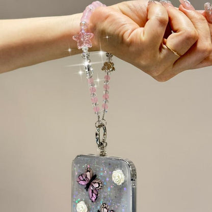Bamboo Silver Butterfly Phone Chain(Pink) - Lanyards & Wrist Straps by buy2fix | Online Shopping UK | buy2fix