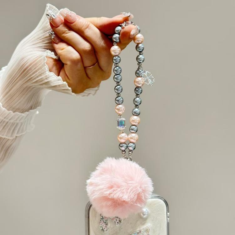 Clover Glass Pearl Big Hairball Mobile Phone Chain(Pink) - Lanyards & Wrist Straps by buy2fix | Online Shopping UK | buy2fix