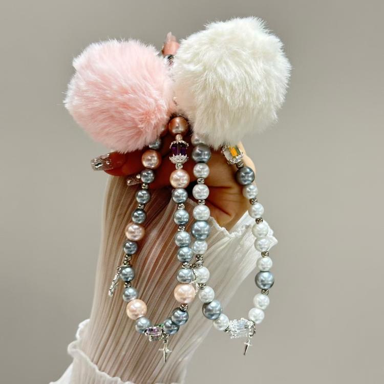 Clover Glass Pearl Big Hairball Mobile Phone Chain(Pink) - Lanyards & Wrist Straps by buy2fix | Online Shopping UK | buy2fix