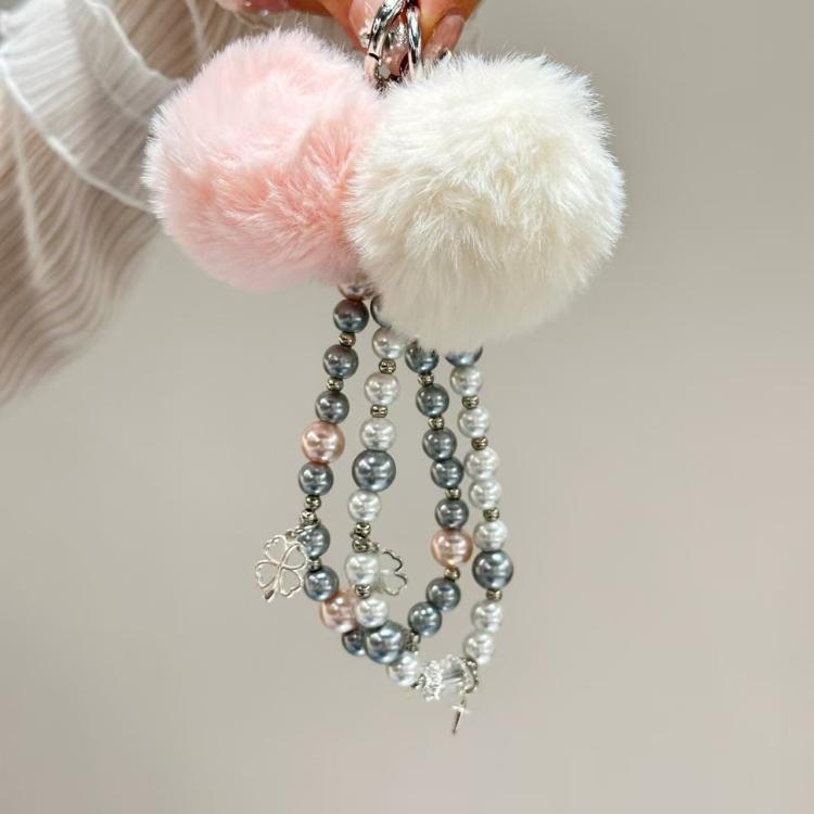 Clover Glass Pearl Big Hairball Mobile Phone Chain(Pink) - Lanyards & Wrist Straps by buy2fix | Online Shopping UK | buy2fix