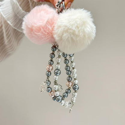 Clover Glass Pearl Big Hairball Mobile Phone Chain(Pink) - Lanyards & Wrist Straps by buy2fix | Online Shopping UK | buy2fix