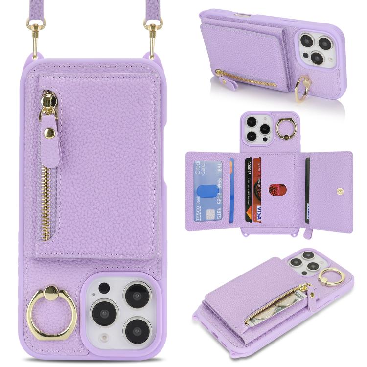 For iPhone 7 / 8 / SE 2022 Crossbody Zipper Wallet Ring Holder Litchi Leather Phone Case(Purple) - More iPhone Cases by buy2fix | Online Shopping UK | buy2fix