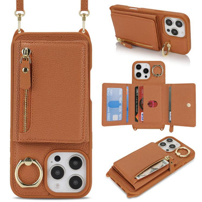 For iPhone 7 Plus / 8 Plus Crossbody Zipper Wallet Ring Holder Litchi Leather Phone Case(Brown) - More iPhone Cases by buy2fix | Online Shopping UK | buy2fix