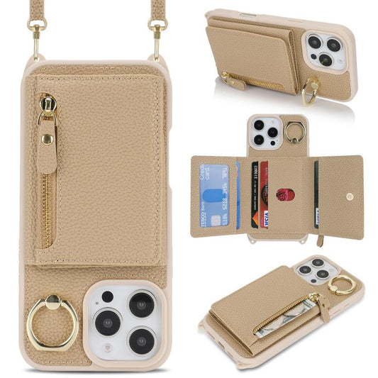 For iPhone XR Crossbody Zipper Wallet Ring Holder Litchi Leather Phone Case(Rose Gold) - More iPhone Cases by buy2fix | Online Shopping UK | buy2fix