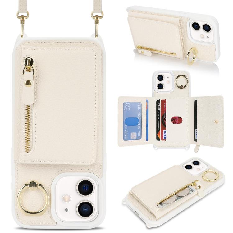 For iPhone 11 Crossbody Zipper Wallet Ring Holder Litchi Leather Phone Case(Apricot) - iPhone 11 Cases by buy2fix | Online Shopping UK | buy2fix