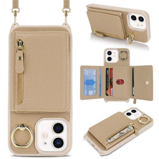 For iPhone 11 Crossbody Zipper Wallet Ring Holder Litchi Leather Phone Case(Rose Gold) - iPhone 11 Cases by buy2fix | Online Shopping UK | buy2fix