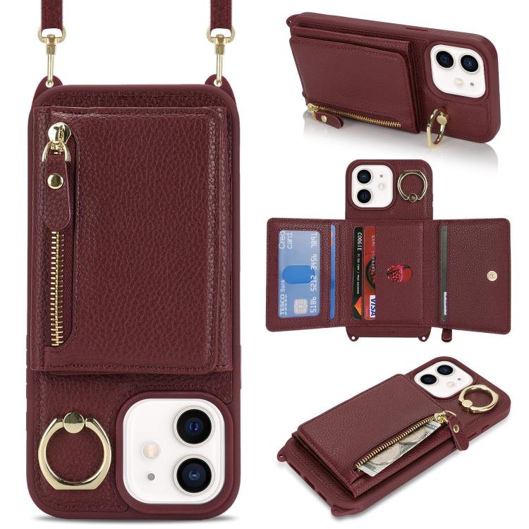 For iPhone 11 Crossbody Zipper Wallet Ring Holder Litchi Leather Phone Case(Red wine) - iPhone 11 Cases by buy2fix | Online Shopping UK | buy2fix