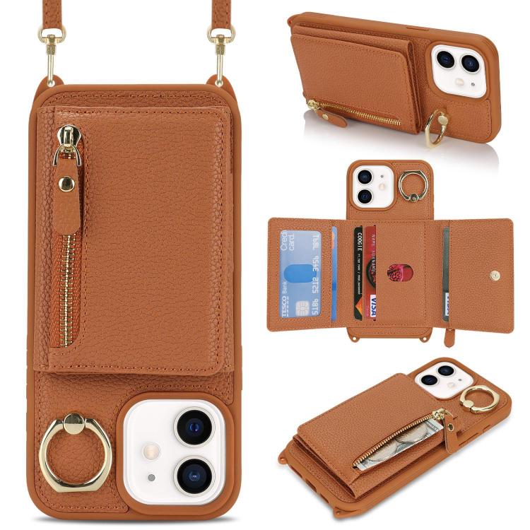 For iPhone 11 Crossbody Zipper Wallet Ring Holder Litchi Leather Phone Case(Brown) - iPhone 11 Cases by buy2fix | Online Shopping UK | buy2fix