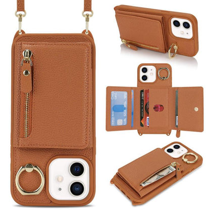 For iPhone 11 Crossbody Zipper Wallet Ring Holder Litchi Leather Phone Case(Brown) - iPhone 11 Cases by buy2fix | Online Shopping UK | buy2fix