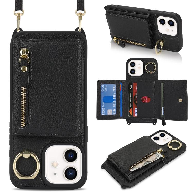 For iPhone 11 Crossbody Zipper Wallet Ring Holder Litchi Leather Phone Case(Black) - iPhone 11 Cases by buy2fix | Online Shopping UK | buy2fix