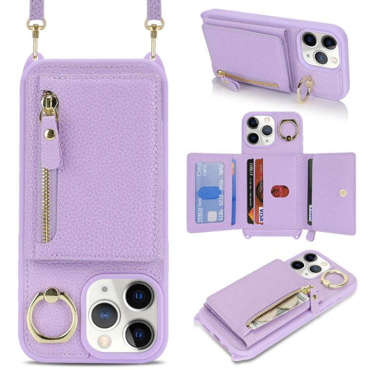 For iPhone 11 Pro Crossbody Zipper Wallet Ring Holder Litchi Leather Phone Case(Purple) - iPhone 11 Pro Cases by buy2fix | Online Shopping UK | buy2fix