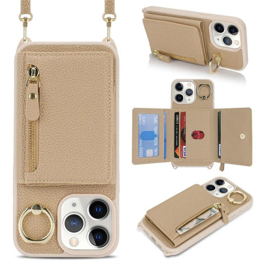 For iPhone 11 Pro Crossbody Zipper Wallet Ring Holder Litchi Leather Phone Case(Rose Gold) - iPhone 11 Pro Cases by buy2fix | Online Shopping UK | buy2fix