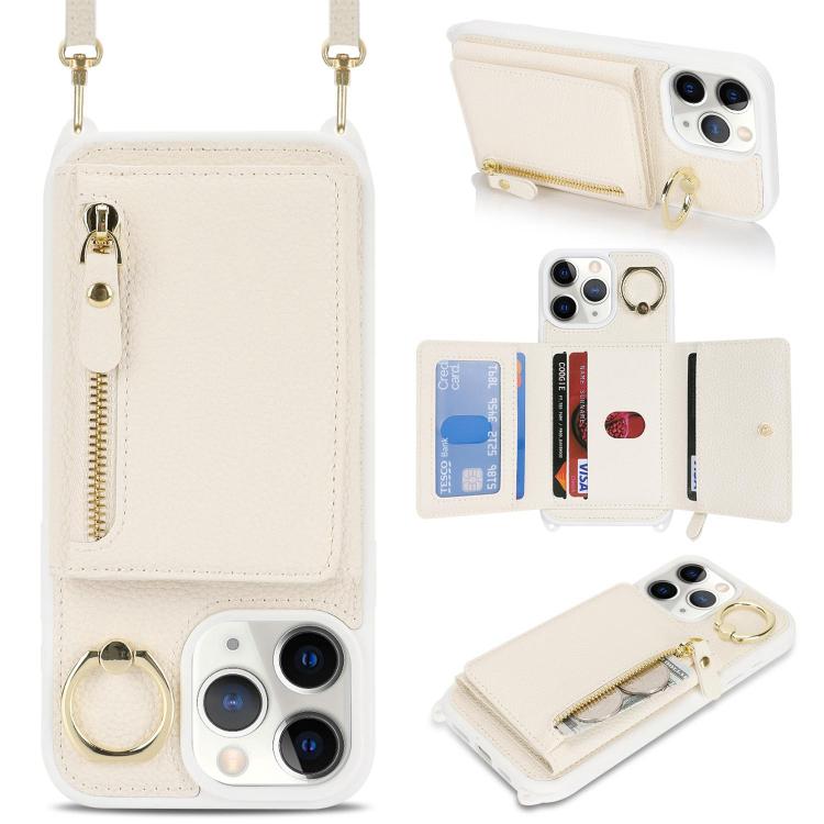 For iPhone 11 Pro Max Crossbody Zipper Wallet Ring Holder Litchi Leather Phone Case(Apricot) - iPhone 11 Pro Max Cases by buy2fix | Online Shopping UK | buy2fix