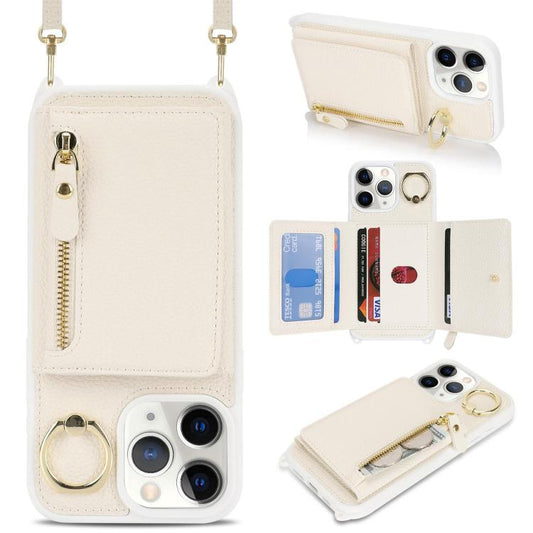For iPhone 11 Pro Max Crossbody Zipper Wallet Ring Holder Litchi Leather Phone Case(Apricot) - iPhone 11 Pro Max Cases by buy2fix | Online Shopping UK | buy2fix