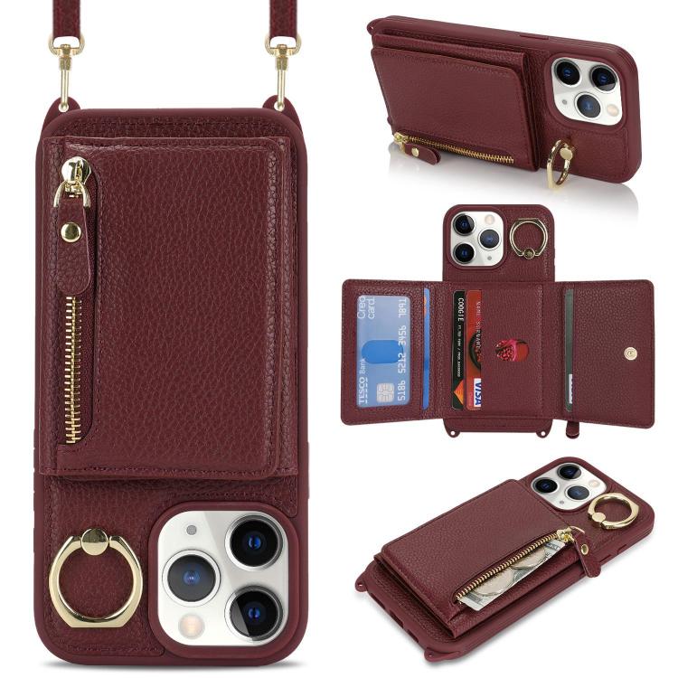 For iPhone 11 Pro Max Crossbody Zipper Wallet Ring Holder Litchi Leather Phone Case(Red wine) - iPhone 11 Pro Max Cases by buy2fix | Online Shopping UK | buy2fix