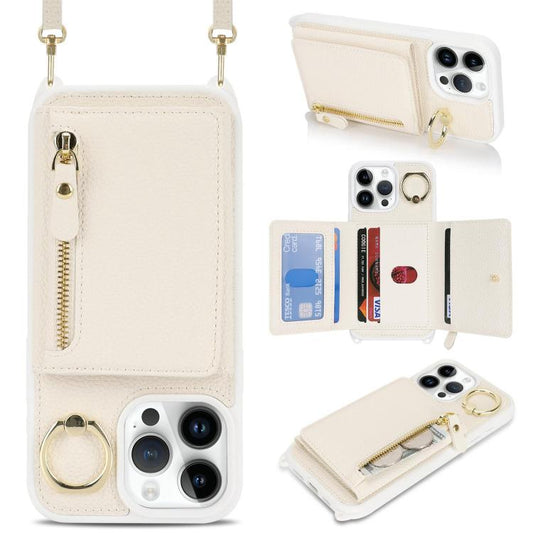 For iPhone 12 / 12 Pro Crossbody Zipper Wallet Ring Holder Litchi Leather Phone Case(Apricot) - iPhone 12 / 12 Pro Cases by buy2fix | Online Shopping UK | buy2fix