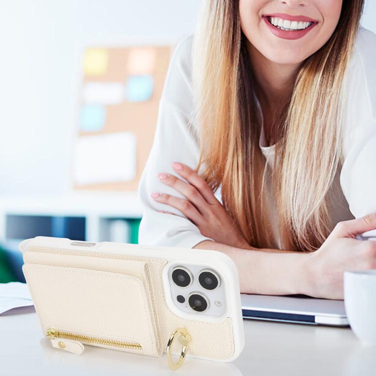 For iPhone 12 / 12 Pro Crossbody Zipper Wallet Ring Holder Litchi Leather Phone Case(Apricot) - iPhone 12 / 12 Pro Cases by buy2fix | Online Shopping UK | buy2fix