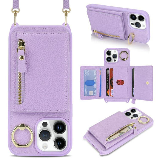 For iPhone 12 / 12 Pro Crossbody Zipper Wallet Ring Holder Litchi Leather Phone Case(Purple) - iPhone 12 / 12 Pro Cases by buy2fix | Online Shopping UK | buy2fix
