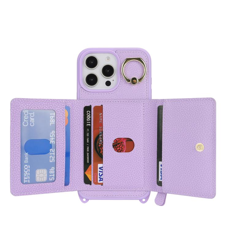 For iPhone 12 / 12 Pro Crossbody Zipper Wallet Ring Holder Litchi Leather Phone Case(Purple) - iPhone 12 / 12 Pro Cases by buy2fix | Online Shopping UK | buy2fix