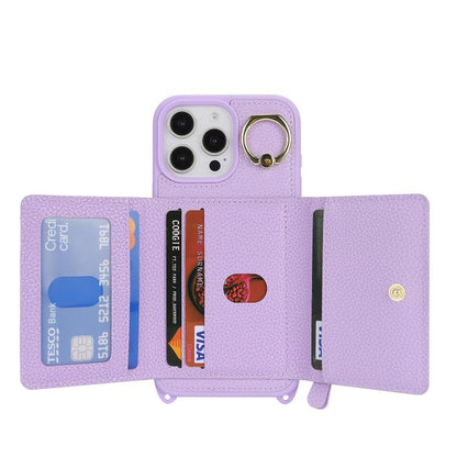 For iPhone 12 / 12 Pro Crossbody Zipper Wallet Ring Holder Litchi Leather Phone Case(Purple) - iPhone 12 / 12 Pro Cases by buy2fix | Online Shopping UK | buy2fix