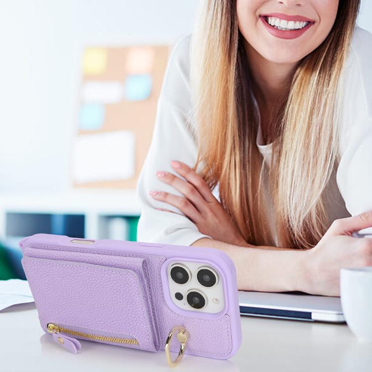 For iPhone 12 / 12 Pro Crossbody Zipper Wallet Ring Holder Litchi Leather Phone Case(Purple) - iPhone 12 / 12 Pro Cases by buy2fix | Online Shopping UK | buy2fix