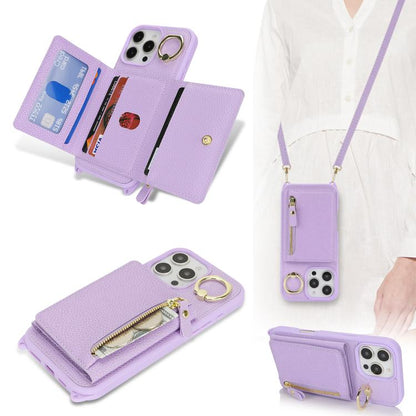For iPhone 12 / 12 Pro Crossbody Zipper Wallet Ring Holder Litchi Leather Phone Case(Purple) - iPhone 12 / 12 Pro Cases by buy2fix | Online Shopping UK | buy2fix