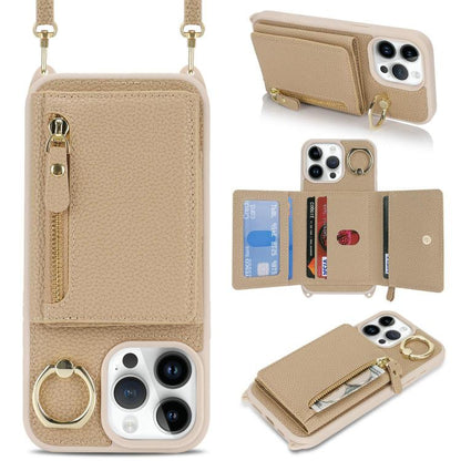 For iPhone 12 / 12 Pro Crossbody Zipper Wallet Ring Holder Litchi Leather Phone Case(Rose Gold) - iPhone 12 / 12 Pro Cases by buy2fix | Online Shopping UK | buy2fix