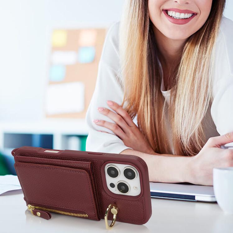 For iPhone 12 / 12 Pro Crossbody Zipper Wallet Ring Holder Litchi Leather Phone Case(Red wine) - iPhone 12 / 12 Pro Cases by buy2fix | Online Shopping UK | buy2fix