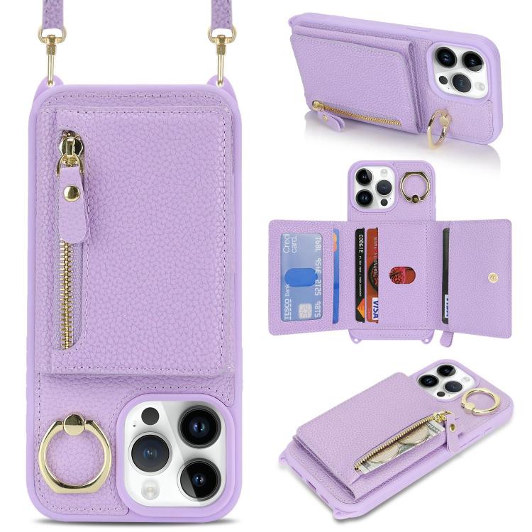 For iPhone 13 Pro Max / 12 Pro Max Crossbody Zipper Wallet Ring Holder Litchi Leather Phone Case(Purple) - iPhone 13 Pro Max Cases by buy2fix | Online Shopping UK | buy2fix
