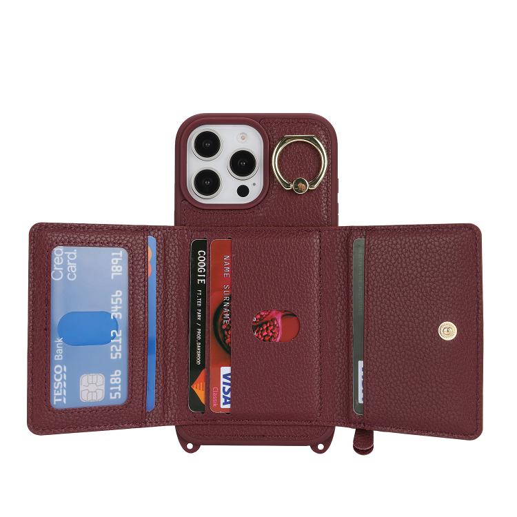 For iPhone 13 Pro Max / 12 Pro Max Crossbody Zipper Wallet Ring Holder Litchi Leather Phone Case(Red wine) - iPhone 13 Pro Max Cases by buy2fix | Online Shopping UK | buy2fix