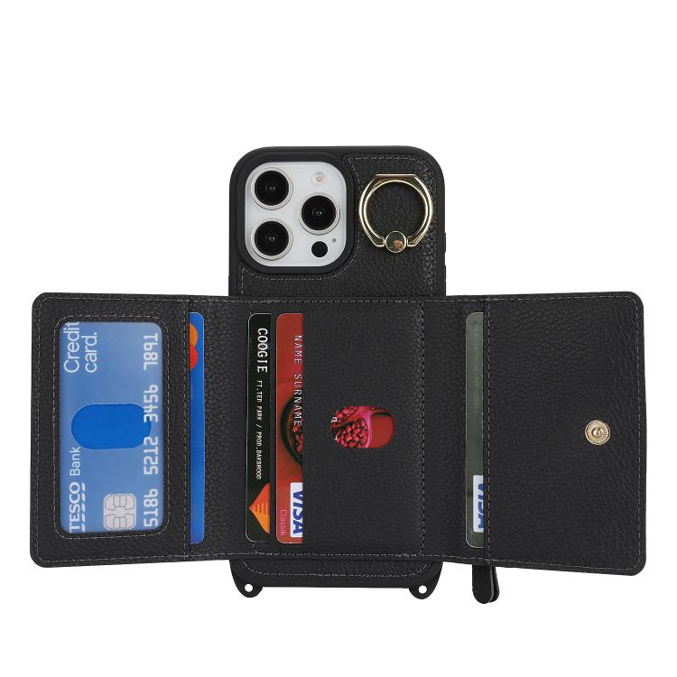For iPhone 13 Pro Max / 12 Pro Max Crossbody Zipper Wallet Ring Holder Litchi Leather Phone Case(Black) - iPhone 13 Pro Max Cases by buy2fix | Online Shopping UK | buy2fix
