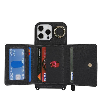 For iPhone 13 Pro Max / 12 Pro Max Crossbody Zipper Wallet Ring Holder Litchi Leather Phone Case(Black) - iPhone 13 Pro Max Cases by buy2fix | Online Shopping UK | buy2fix