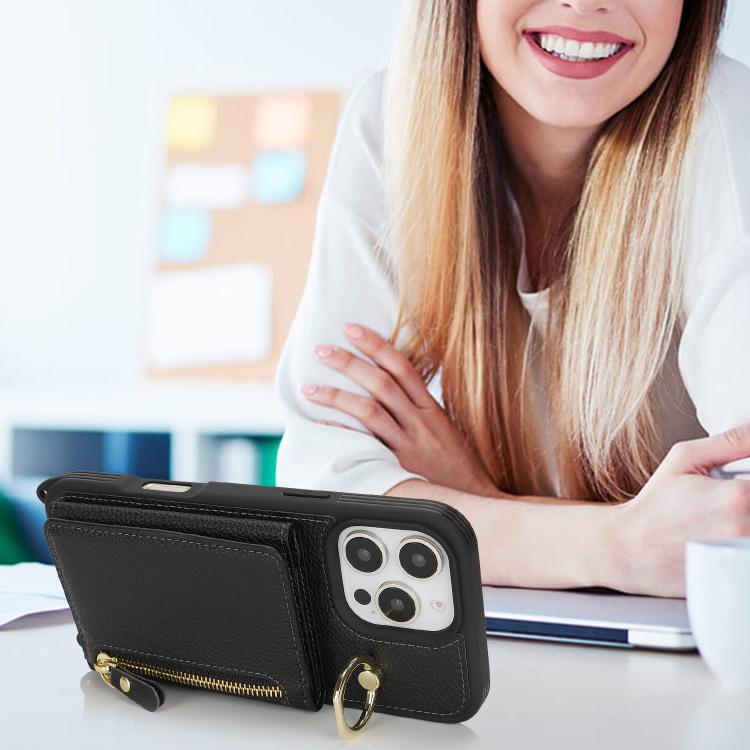 For iPhone 13 Pro Max / 12 Pro Max Crossbody Zipper Wallet Ring Holder Litchi Leather Phone Case(Black) - iPhone 13 Pro Max Cases by buy2fix | Online Shopping UK | buy2fix
