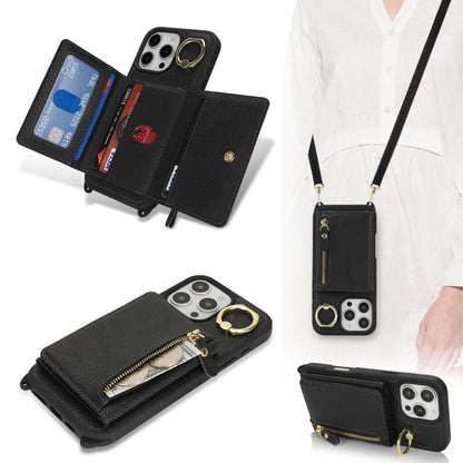 For iPhone 13 Pro Max / 12 Pro Max Crossbody Zipper Wallet Ring Holder Litchi Leather Phone Case(Black) - iPhone 13 Pro Max Cases by buy2fix | Online Shopping UK | buy2fix