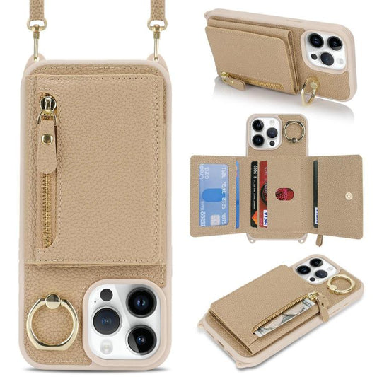 For iPhone 13 Pro Crossbody Zipper Wallet Ring Holder Litchi Leather Phone Case(Rose Gold) - iPhone 13 Pro Cases by buy2fix | Online Shopping UK | buy2fix